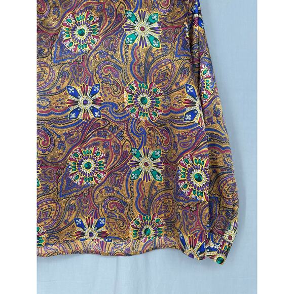 90s Vintage Top Womens Large Yellow Paisley Satin Boho Psychedelic Bohemian - Picture 5 of 8